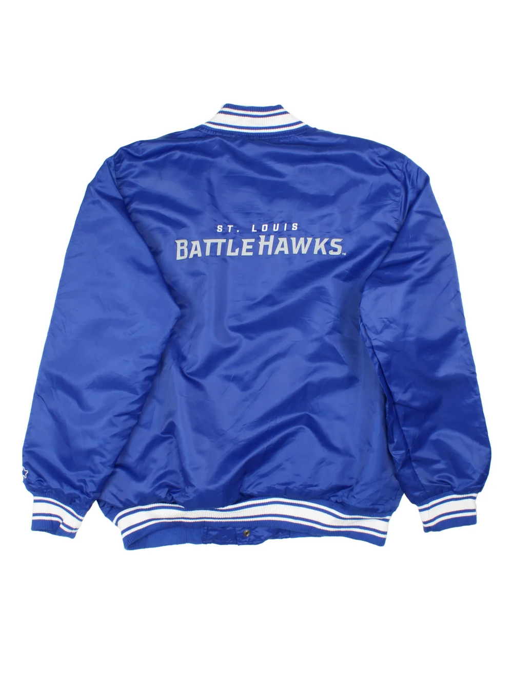 St. Louis Battlehawks Starter Varsity Jacket in a blue colourway with white detailing. Full button up front, multiple pockets, small logo on the front and larger text logo across the back.