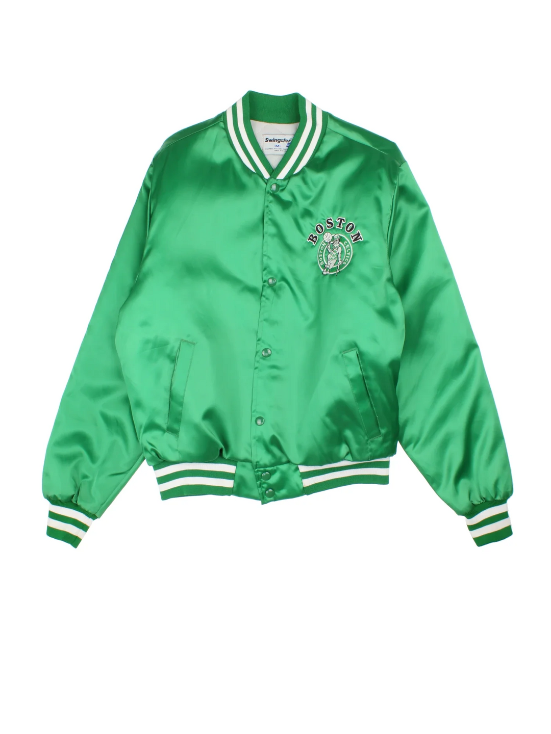 Vintage Boston Celtics NBA Varsity Jacket in a green colourway with white detailing. Full button up front, multiple pockets and small logo on the front.