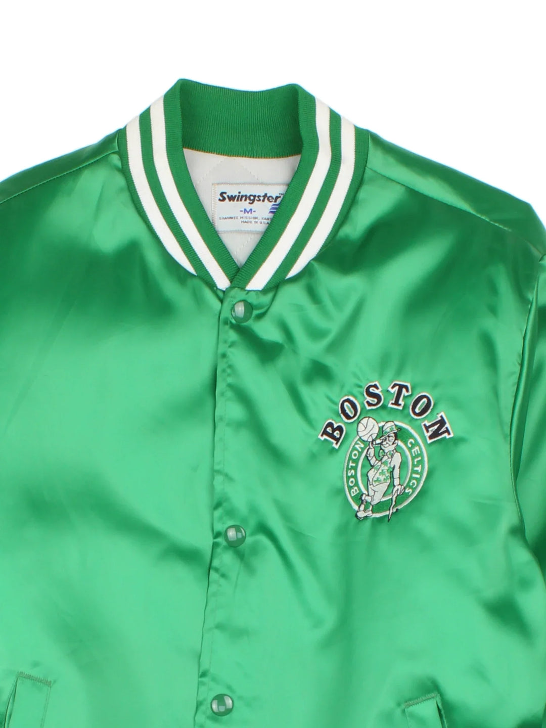 Vintage Boston Celtics NBA Varsity Jacket in a green colourway with white detailing. Full button up front, multiple pockets and small logo on the front.