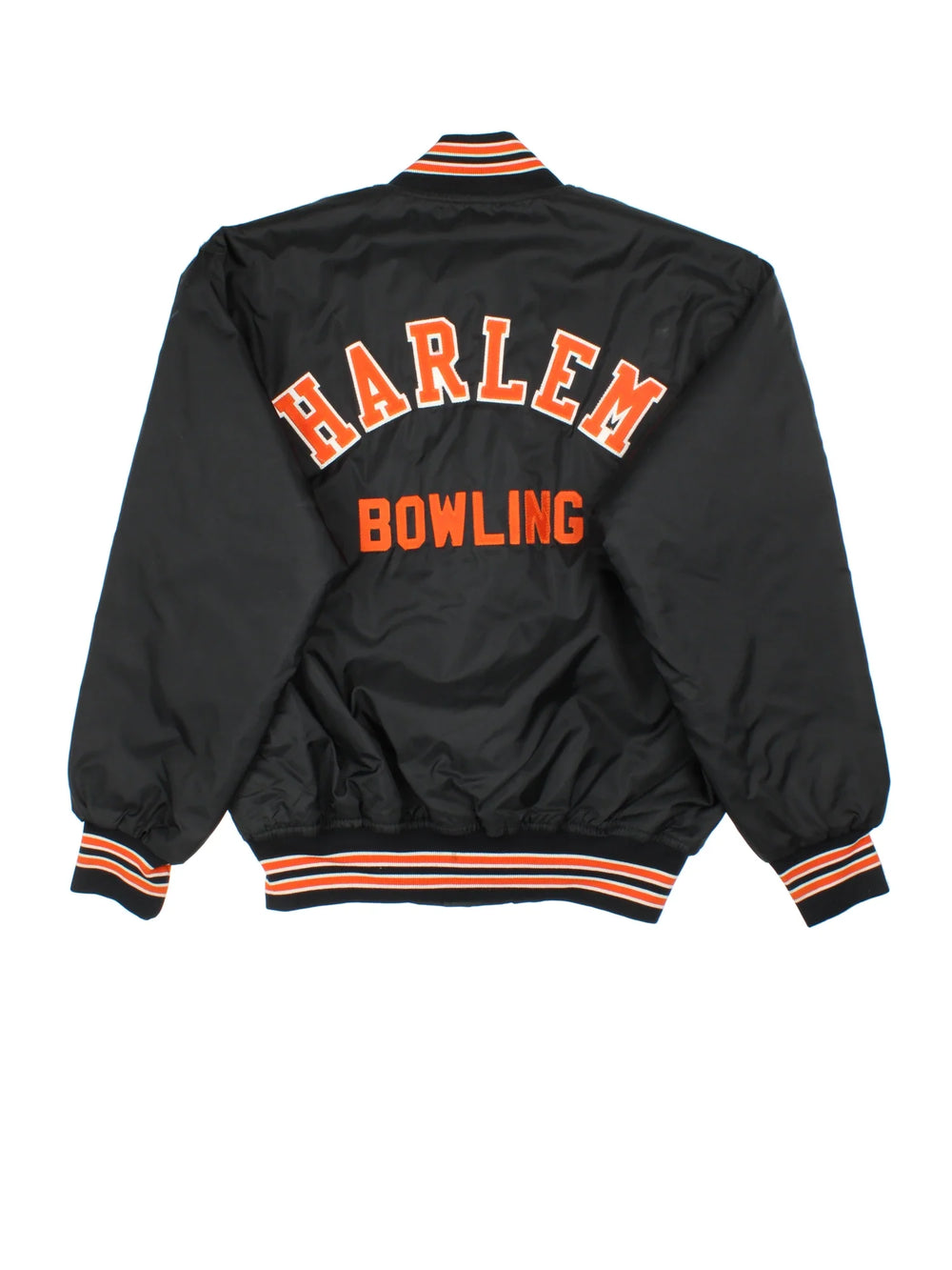 Vintage Harlem Bowling Team Varsity Jacket in a black colourway with orange detailing. Full button up front, multiple pockets and small logo on the front. Large team logo across the back.