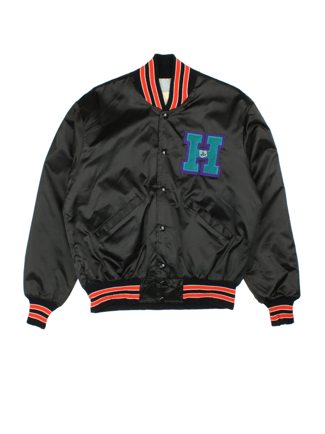 Vintage Charlotte Hornets NBA Satin Varsity Jacket in a black colourway with orange detailing. Full button up front, multiple pockets and small logo on the front. Large team logo across the back.