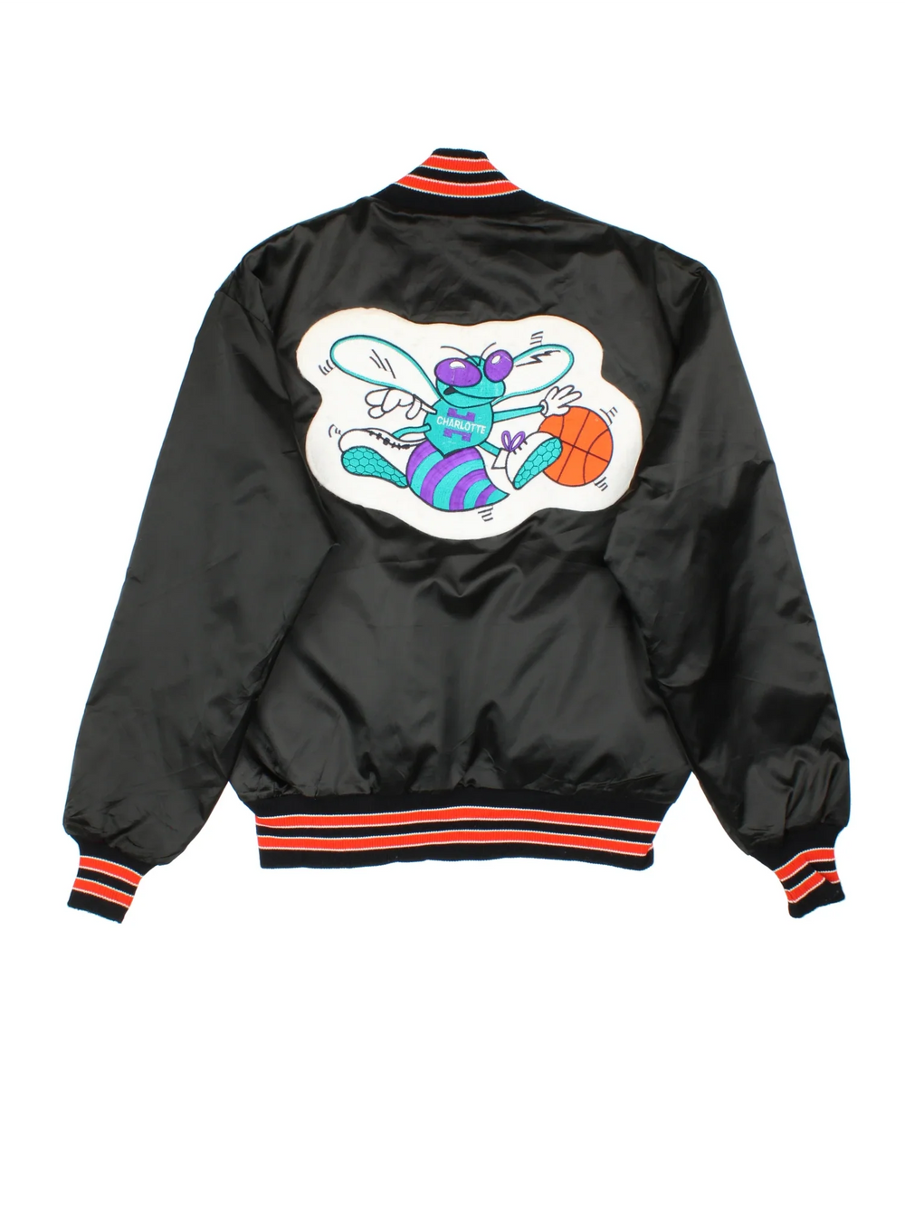 Vintage Charlotte Hornets NBA Satin Varsity Jacket in a black colourway with orange detailing. Full button up front, multiple pockets and small logo on the front. Large team logo across the back.