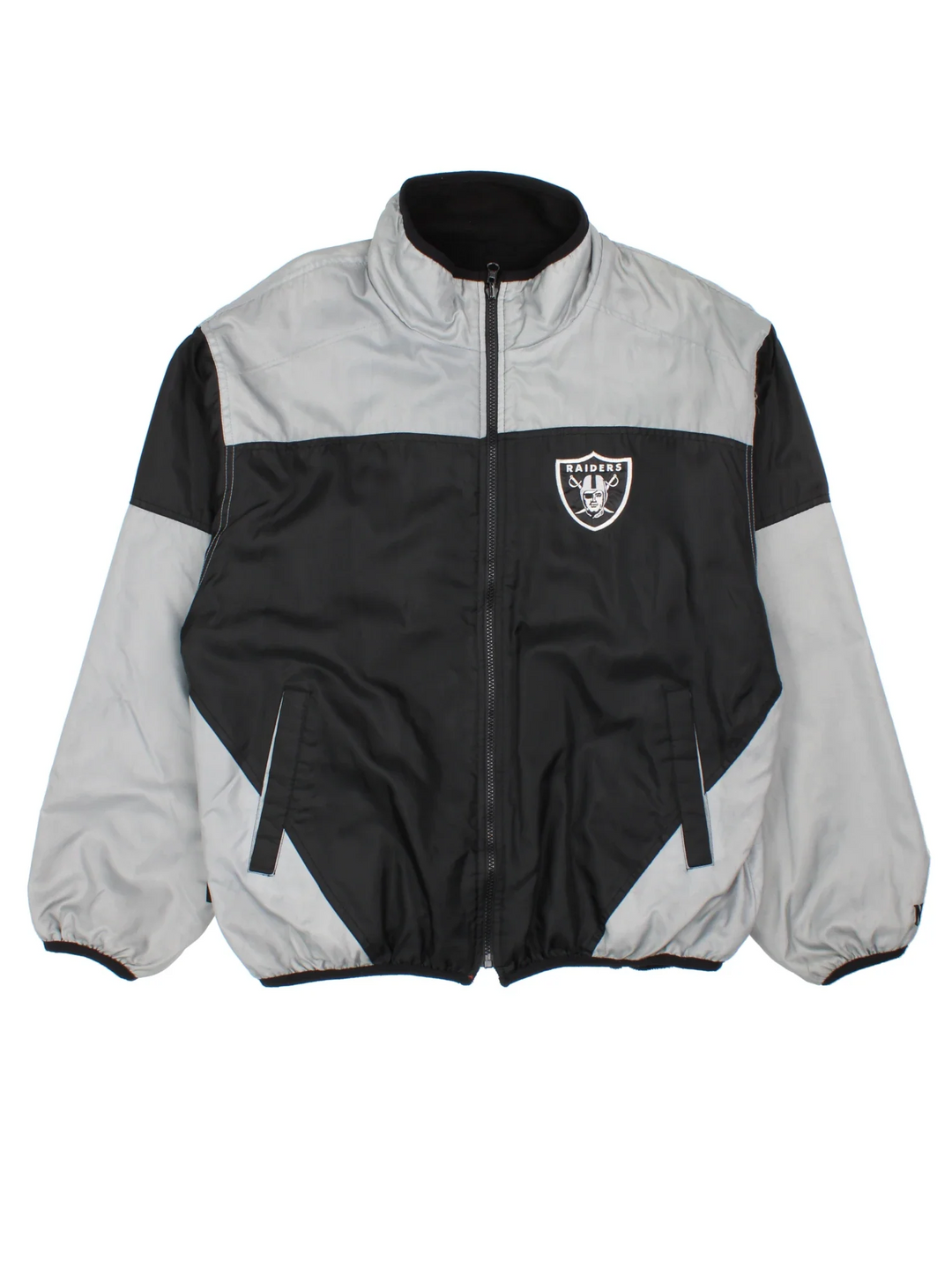 Vintage Oakland Raiders NFL Jacket in a black colourway with grey panelling. Full zip up, small logo on the front and large text logo across the back.
