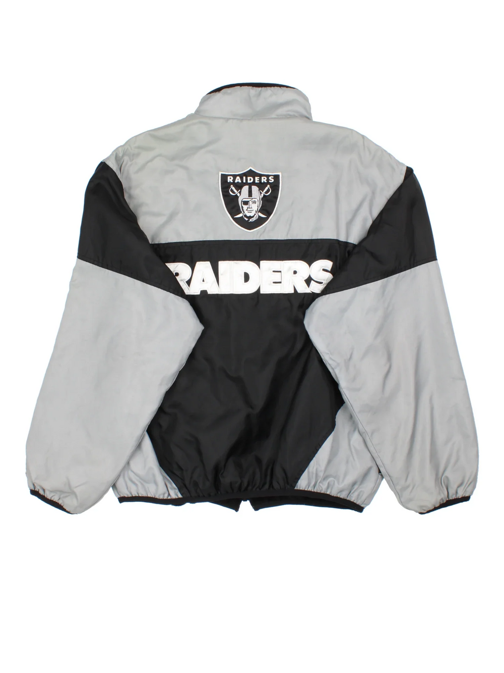 Vintage Oakland Raiders NFL Jacket in a black colourway with grey panelling. Full zip up, small logo on the front and large text logo across the back.