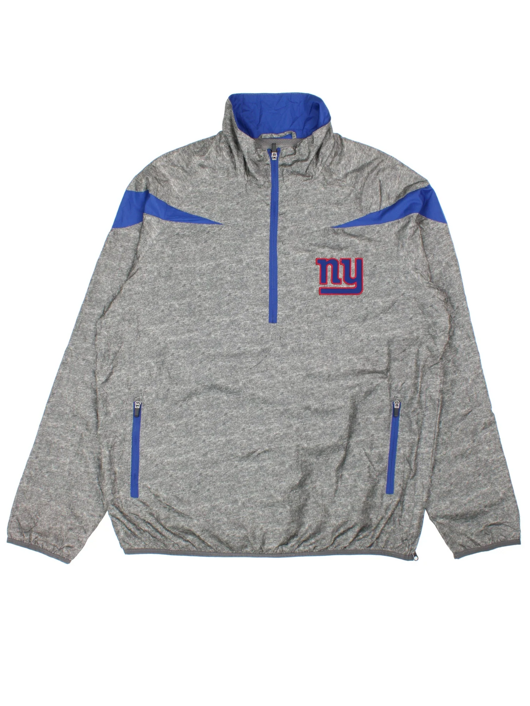 New York Giants NFL Windbreaker in a grey colourway with blue detailing on the shoulders. 1/4 zip up, small logo on the front and large text logo across the back.
