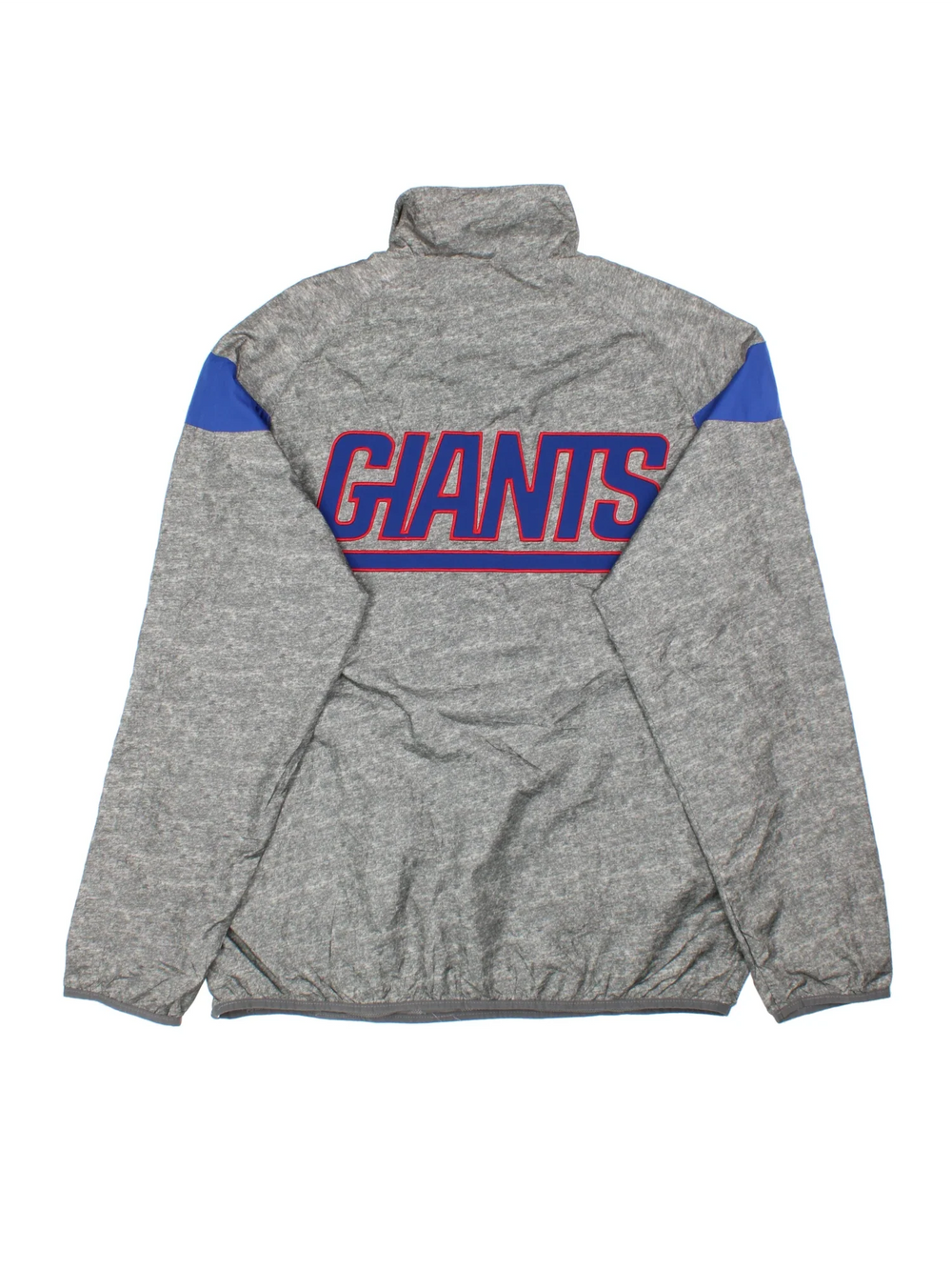 New York Giants NFL Windbreaker in a grey colourway with blue detailing on the shoulders. 1/4 zip up, small logo on the front and large text logo across the back.