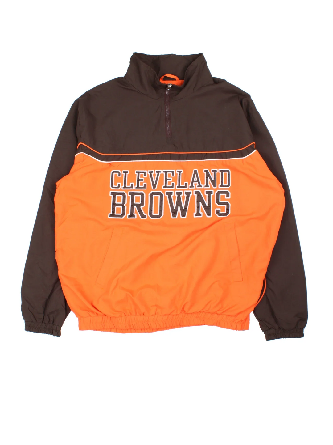 Cleveland Browns NFL Windbreaker in a brown colourway with orange panelling. 1/4 zip up, and has  the logo on the front and back.