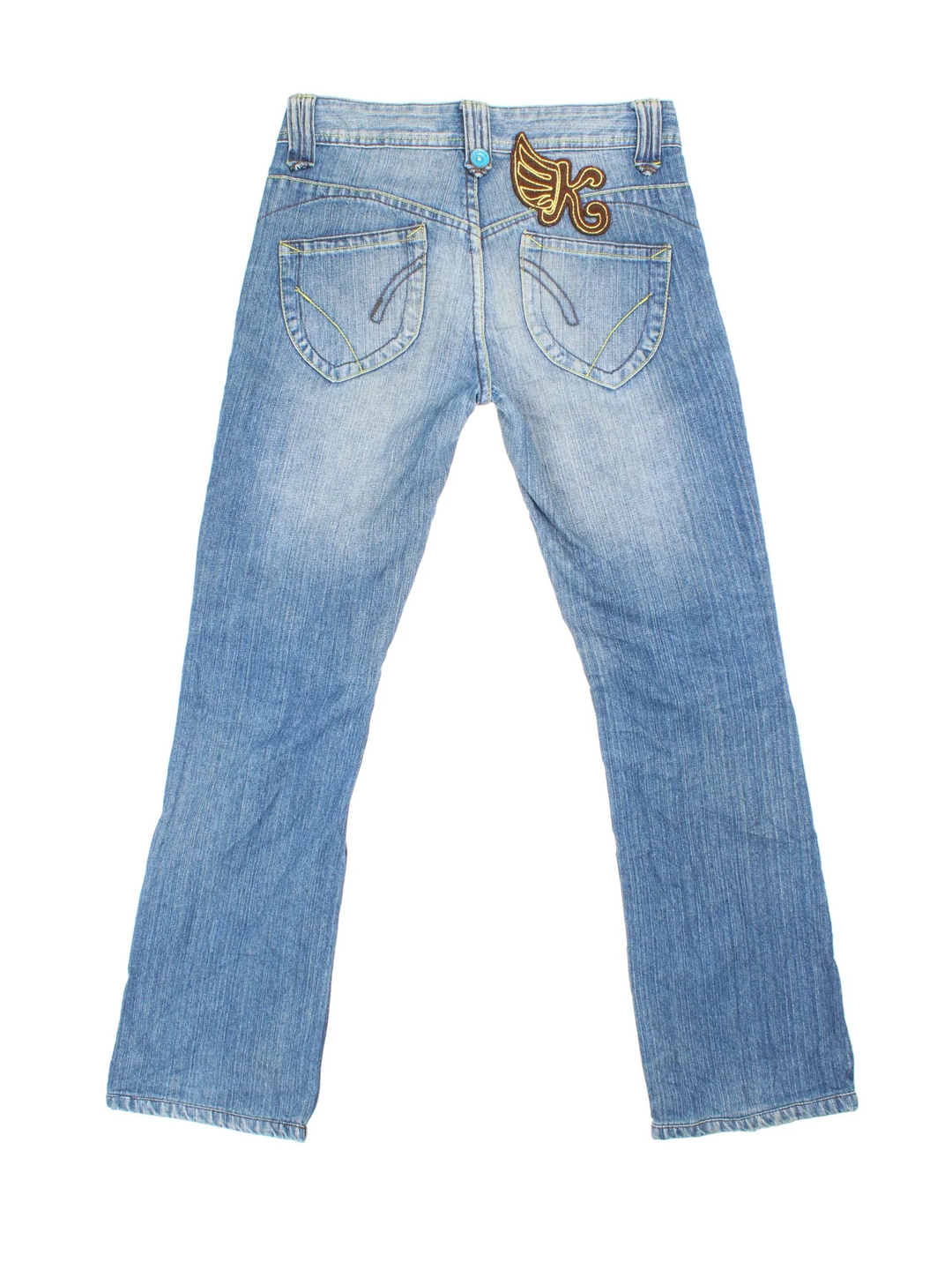 Y2K Kobron Jeans in blue colourway with multiple pockets and embroidered branding on the back.