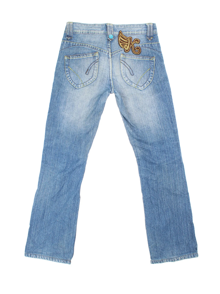 Y2K Kobron Jeans in blue colourway with multiple pockets and embroidered branding on the back.
