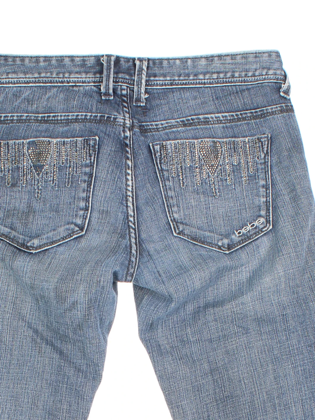 Y2K Diamante Flared Jeans in blue colourway with multiple pockets and diamante detailing on the back.