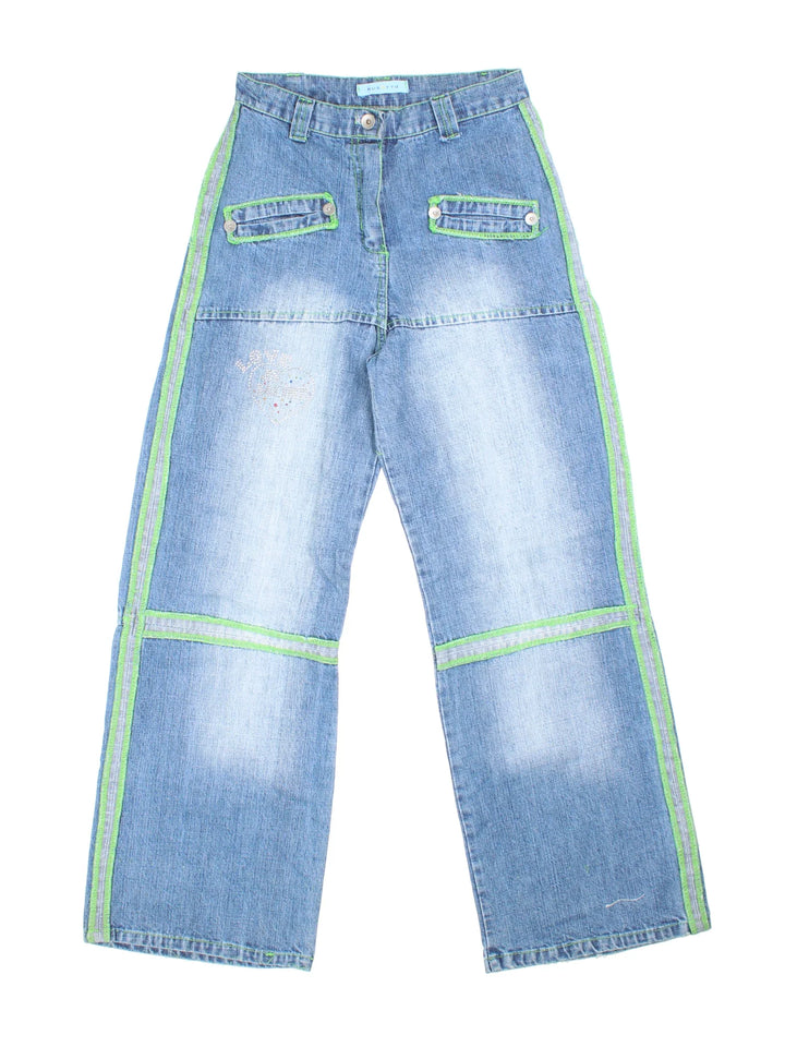 Y2K Love Is More Jeans in blue colourway with multiple pockets, contrast stitching and diamante detailing on the front.