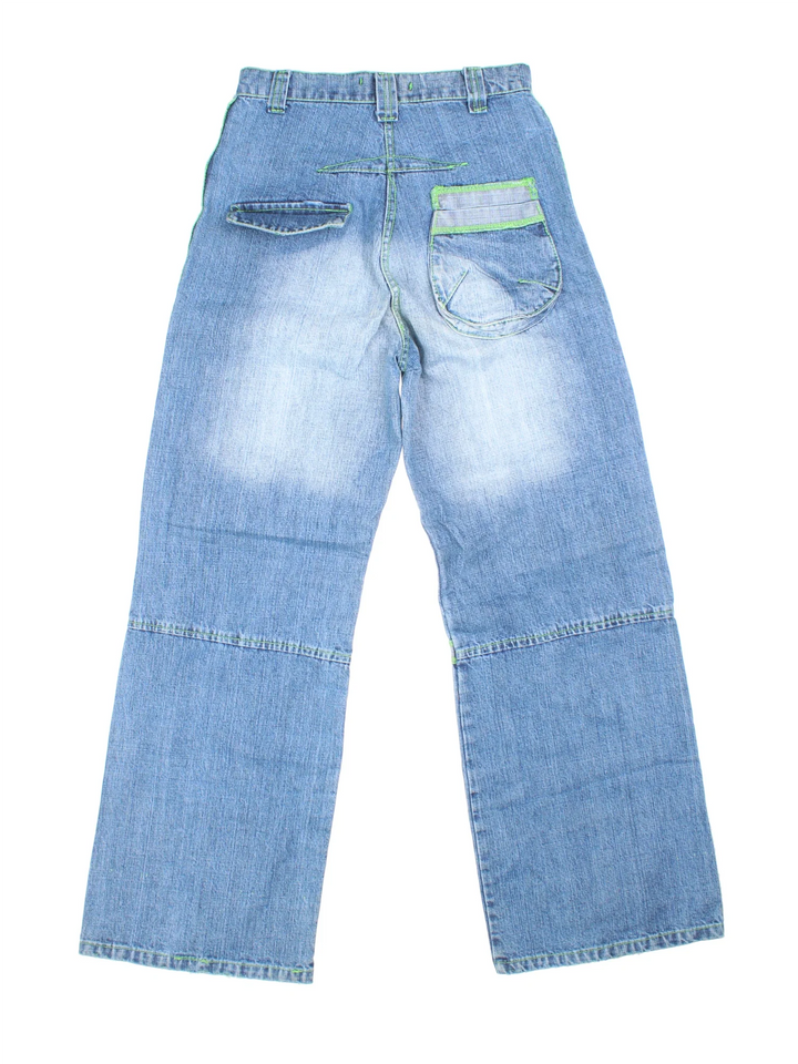 Y2K Love Is More Jeans in blue colourway with multiple pockets, contrast stitching and diamante detailing on the front.