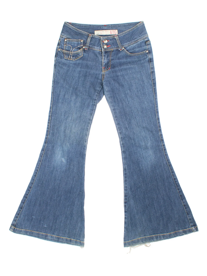 Y2K Flared Jeans in blue colourway with multiple pockets and embroidered braning on the front/back.
