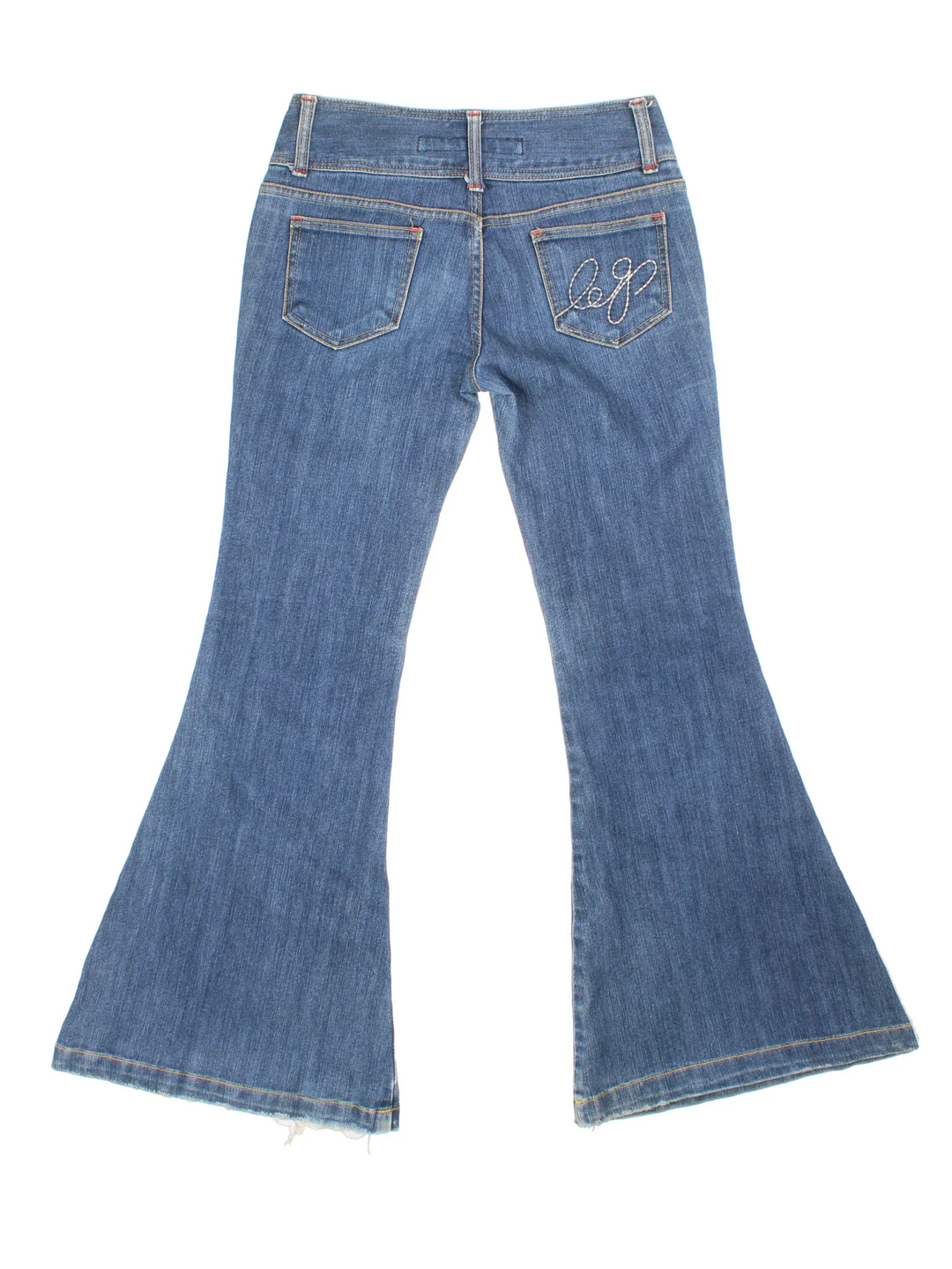 Y2K Flared Jeans in blue colourway with multiple pockets and embroidered braning on the front/back.