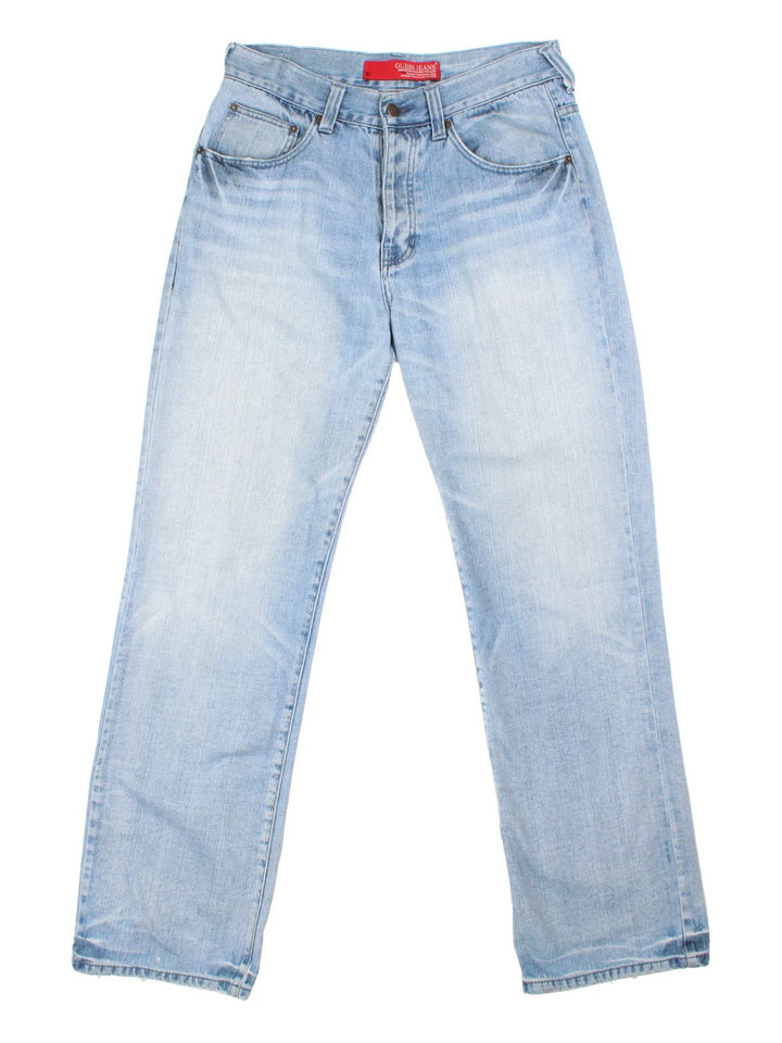 Y2K Guess Jeans in blue colourway with multiple pockets and embroidered branding/detail on the back.