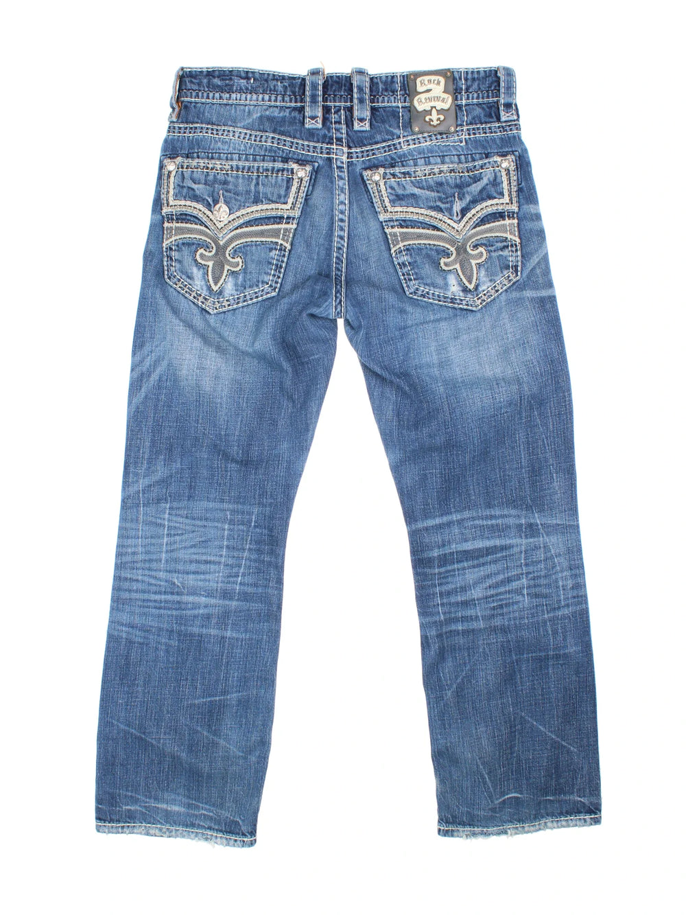 Y2K Rock Revival Jeans in blue colourway with multiple pockets, contrast stitching and embroidered branding on the back.