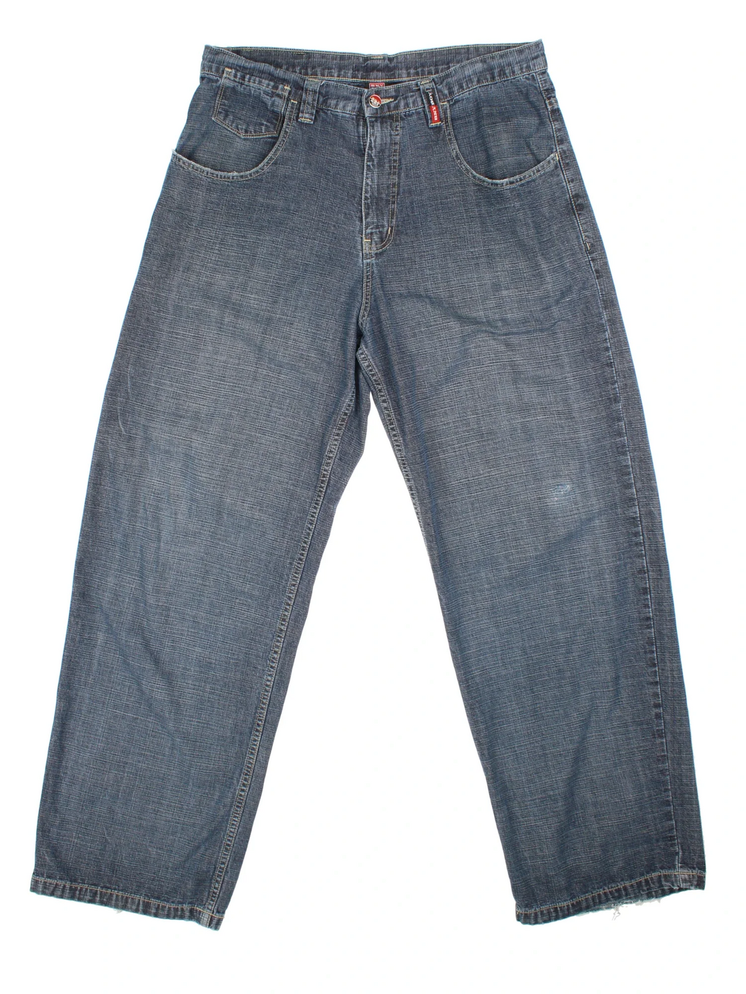 Y2K BNY BOY Jeans in blue colourway with multiple pockets, contrast stitching and embroidered branding on the back.