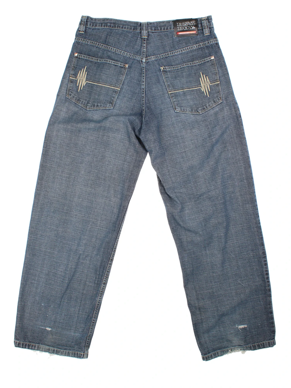 Y2K BNY BOY Jeans in blue colourway with multiple pockets, contrast stitching and embroidered branding on the back.