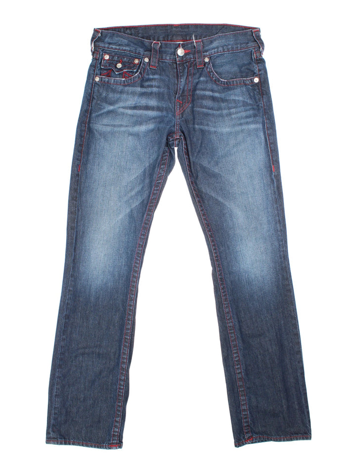Y2K True Religion Flared Jeans in blue colourway with multiple pockets, contrast stitching and embroidered branding on the back.