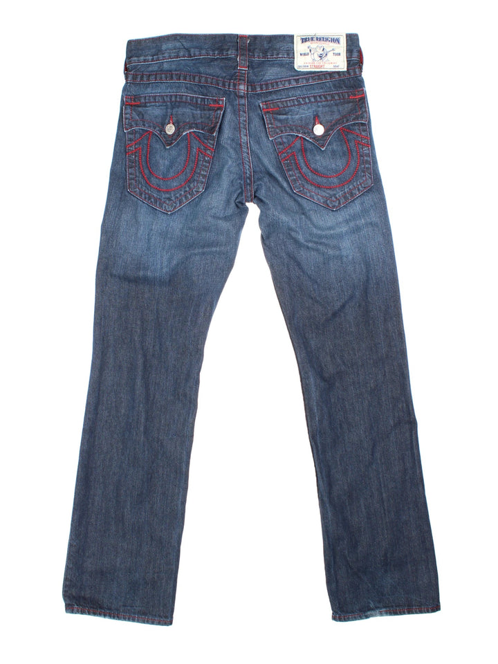 Y2K True Religion Flared Jeans in blue colourway with multiple pockets, contrast stitching and embroidered branding on the back.