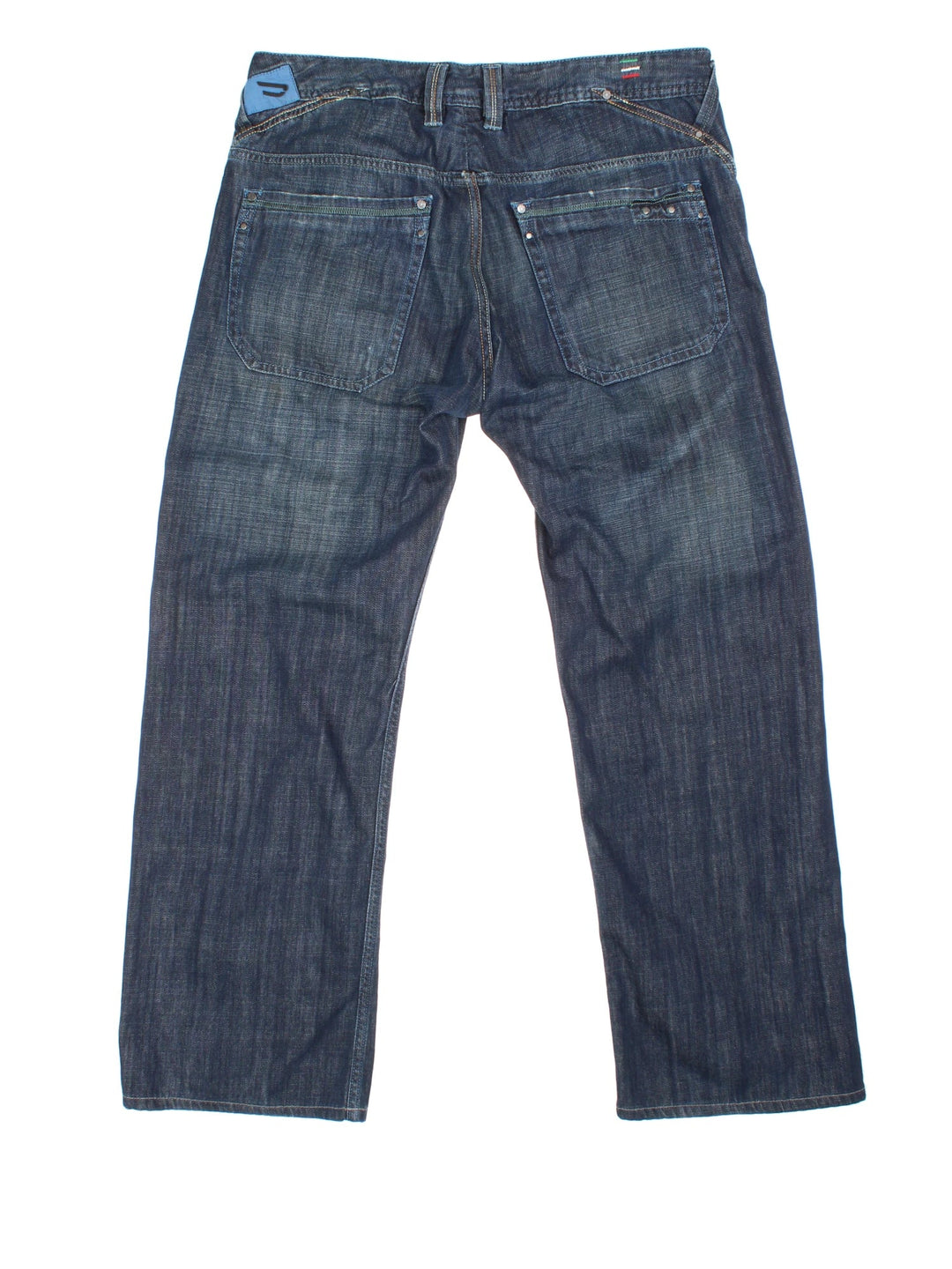 Diesel Jeans in blue colourway with multiple pockets, contrast stitching and embroidered branding on the front/back.