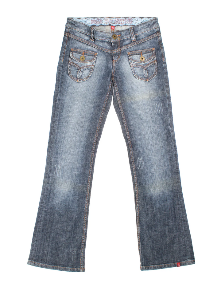 Y2K ESPIRIT Flared Jeans in blue colourway with multiple pockets and contrast stitching.