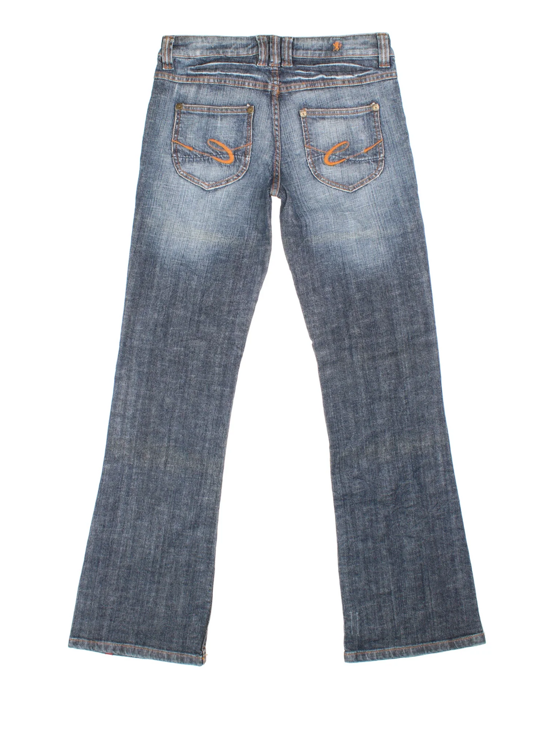 Y2K ESPIRIT Flared Jeans in blue colourway with multiple pockets and contrast stitching.