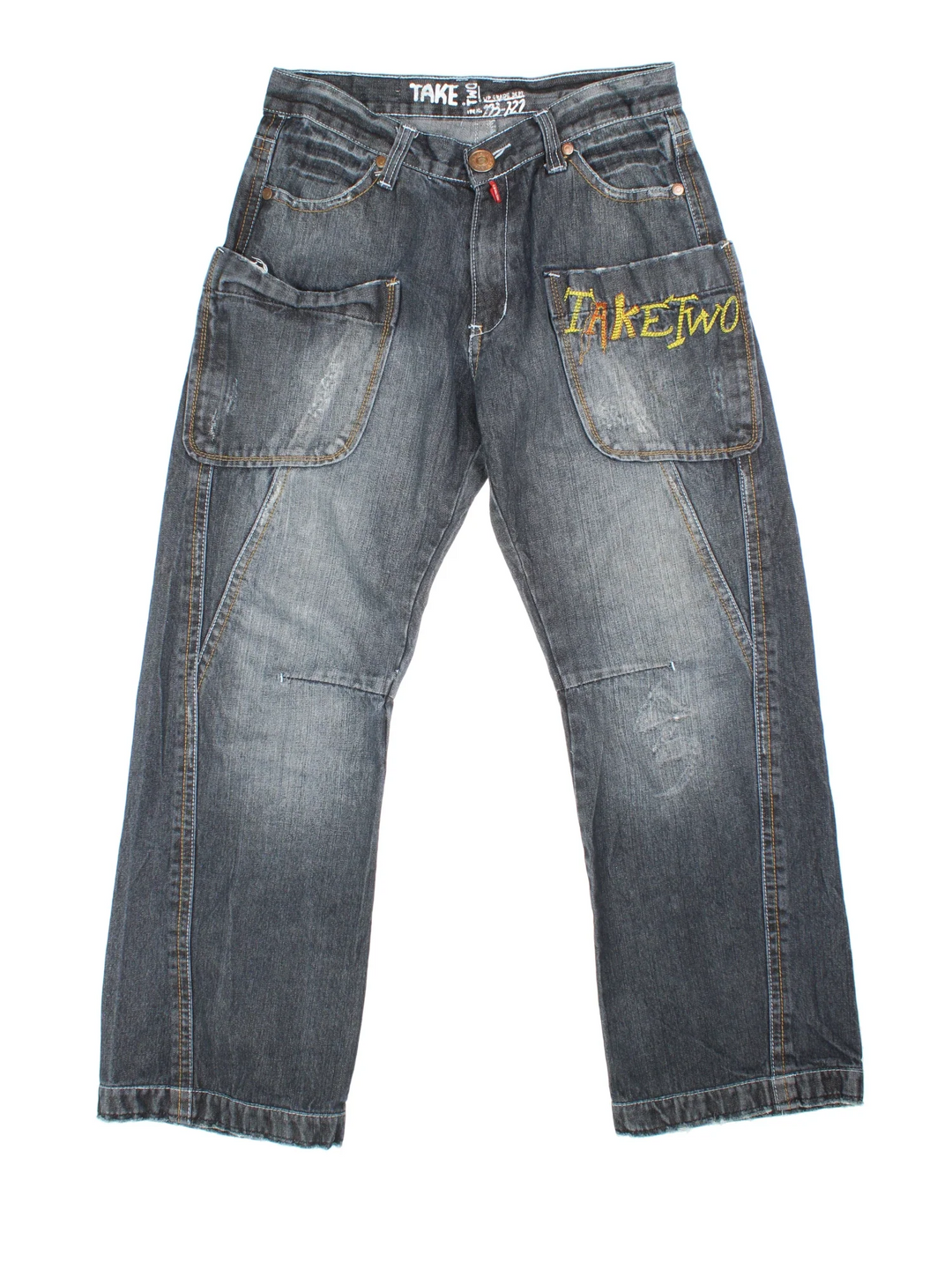 Y2K Take Two Jeans in blue colourway with multiple pockets, contrast stitching and embroidered branding on the front/back.