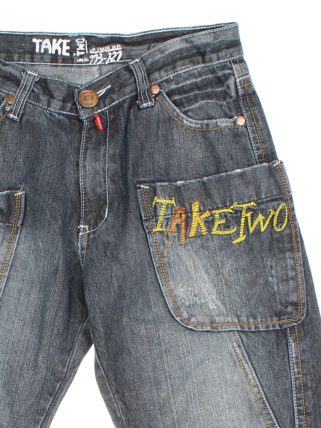 Y2K Take Two Jeans in blue colourway with multiple pockets, contrast stitching and embroidered branding on the front/back.