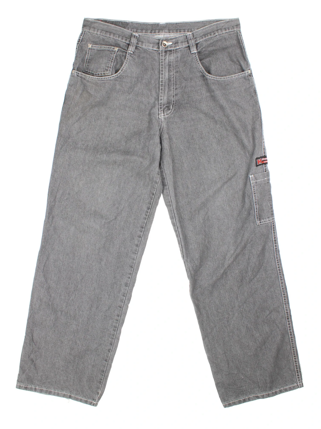Y2K Happy Hope Jeans in grey colourway with multiple pockets, contrast stitching and embroidered branding on the back.