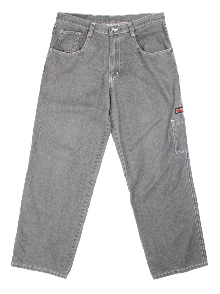 Y2K Happy Hope Jeans in grey colourway with multiple pockets, contrast stitching and embroidered branding on the back.