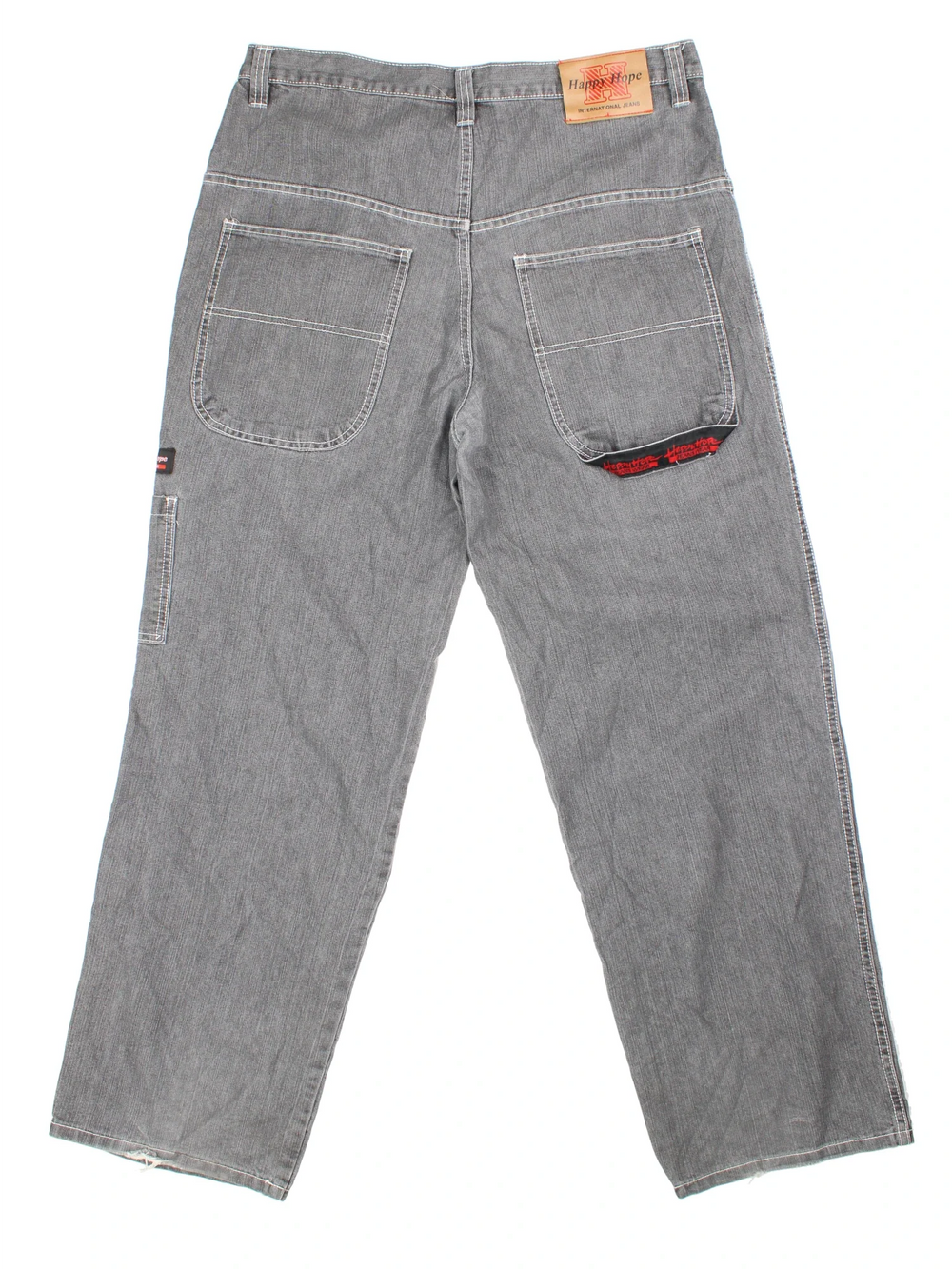 Y2K Happy Hope Jeans in grey colourway with multiple pockets, contrast stitching and embroidered branding on the back.