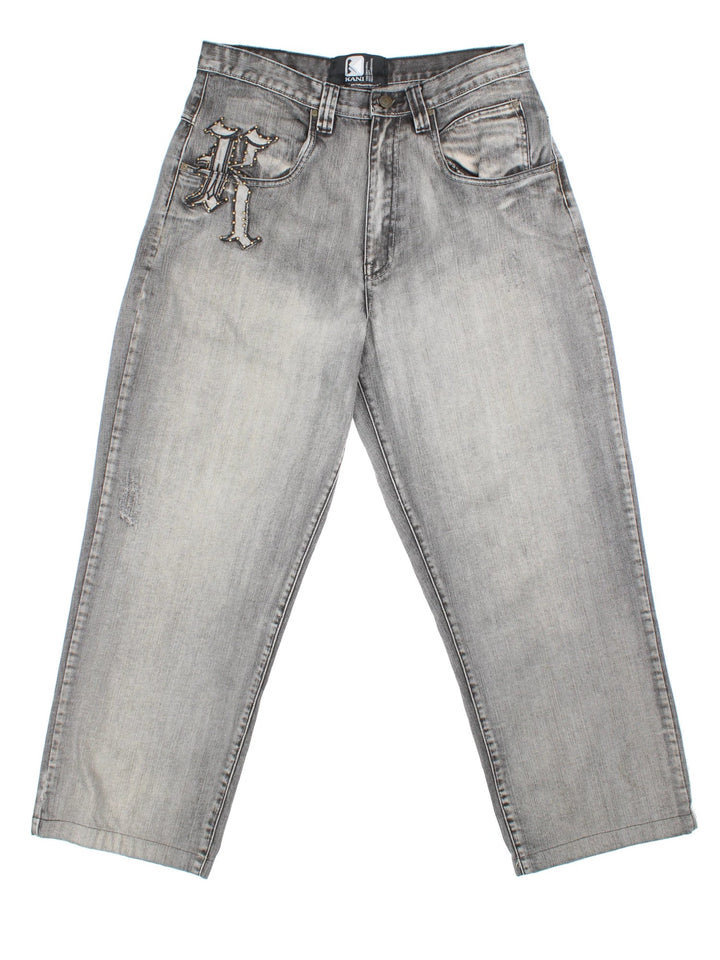 Vintage 90's Karl Kani Jeans in grey colourway with multiple pockets, contrast stitching and studded/embroidered branding on the front/back.