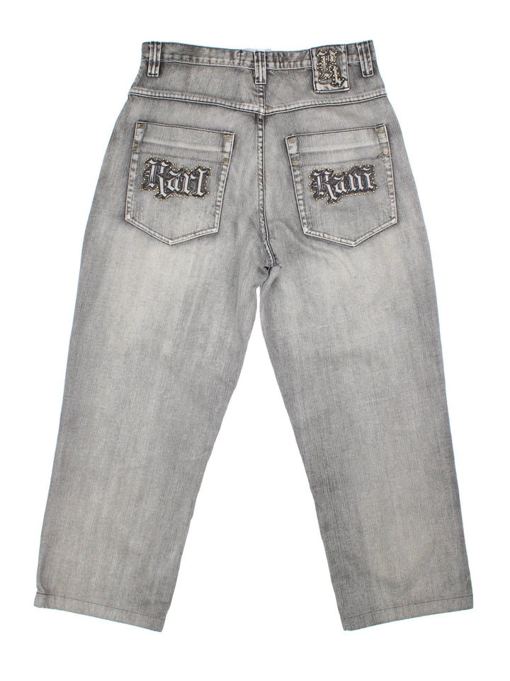 Vintage 90's Karl Kani Jeans in grey colourway with multiple pockets, contrast stitching and studded/embroidered branding on the front/back.