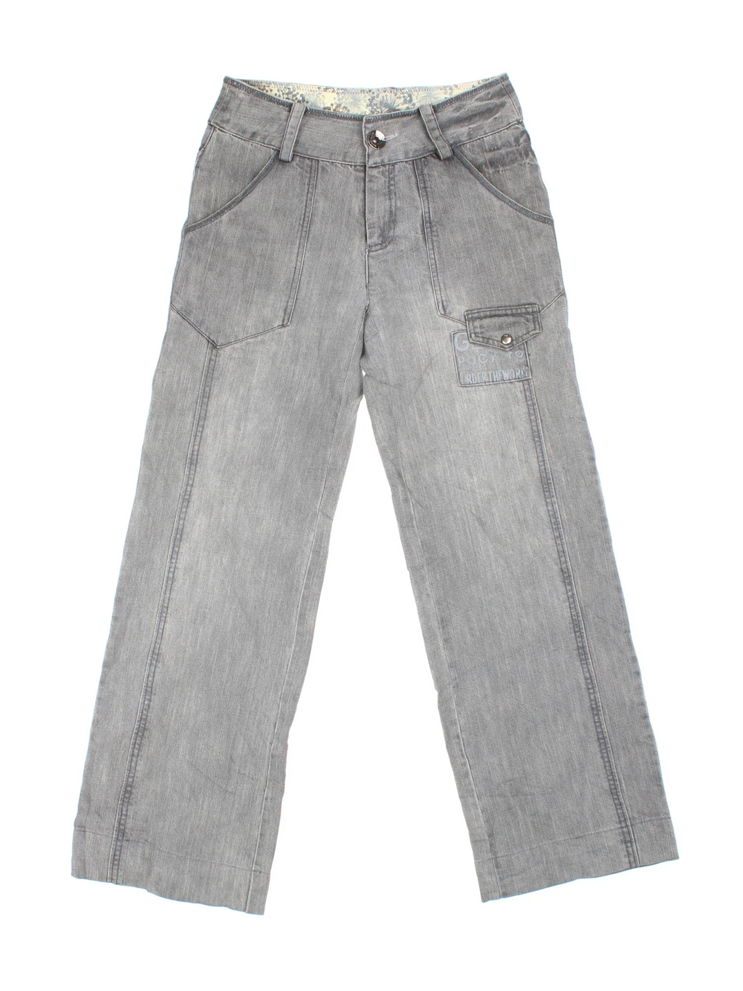 Y2K Jeans in grey colourway with multiple pockets and contrast stitching.