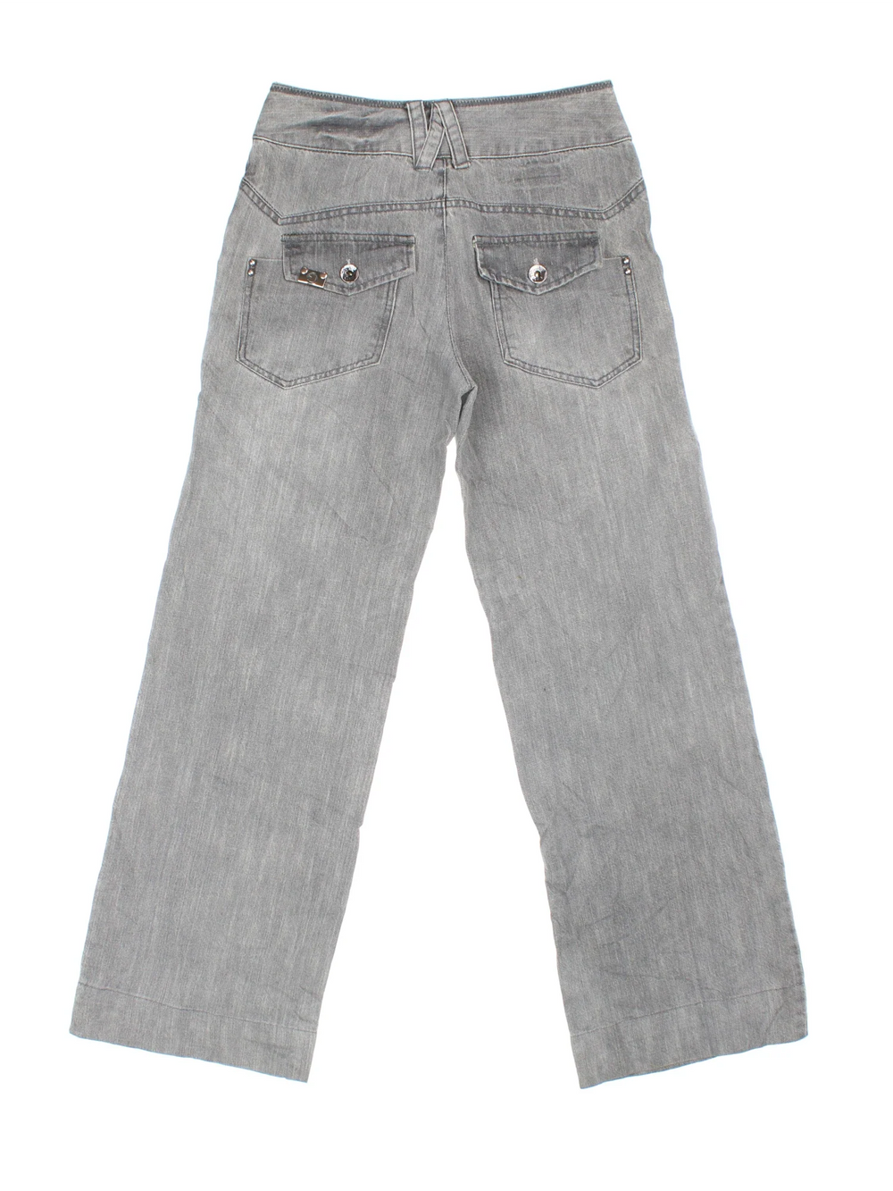 Y2K Jeans in grey colourway with multiple pockets and contrast stitching.