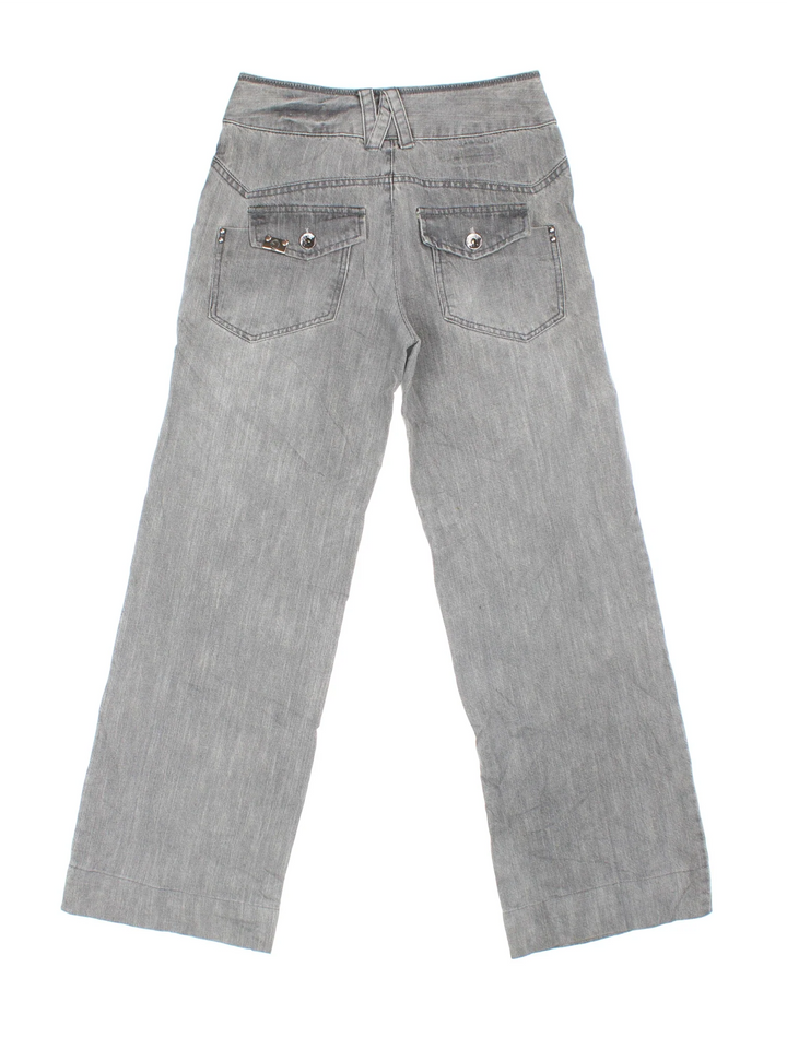 Y2K Jeans in grey colourway with multiple pockets and contrast stitching.