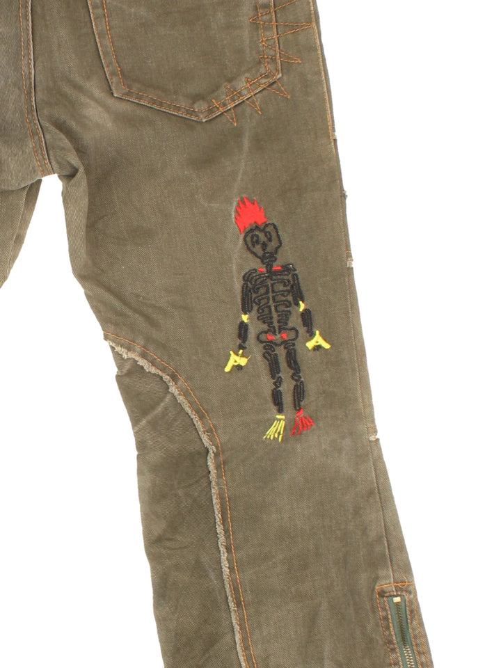 Vintage Y2K Embroidered Flared Jeans in green colourway with multiple pockets and all over embroidery detailing.