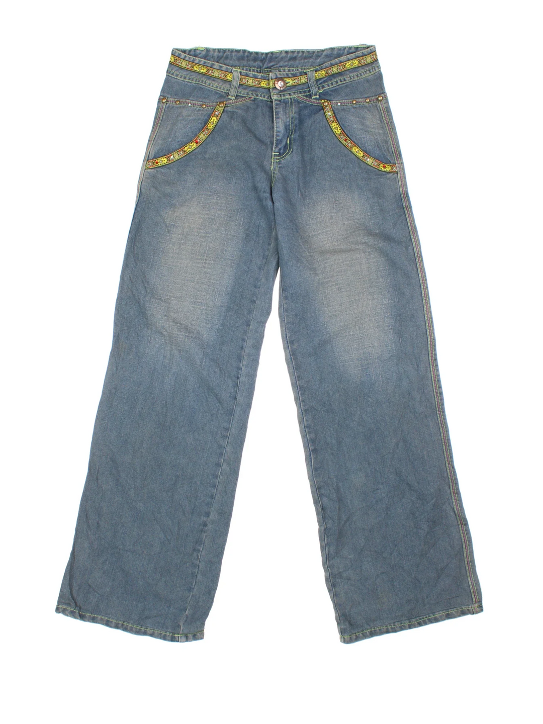 Y2K Embroidered Flared Jeans in blue colourway with multiple pockets and embroidery/rhinestone detailing.