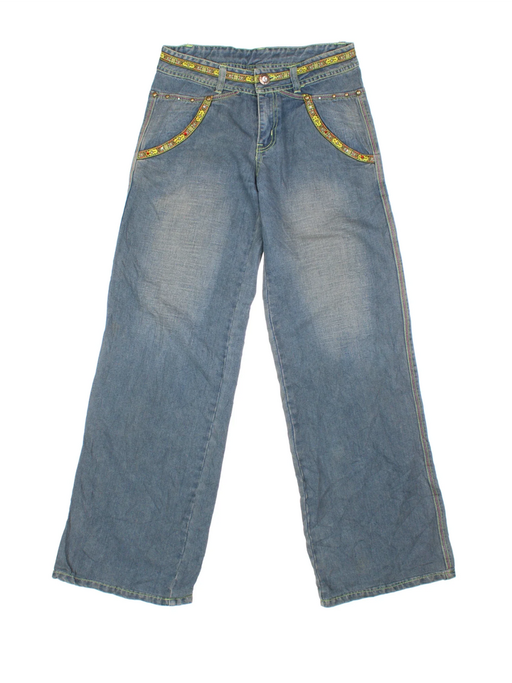 Y2K Embroidered Flared Jeans in blue colourway with multiple pockets and embroidery/rhinestone detailing.