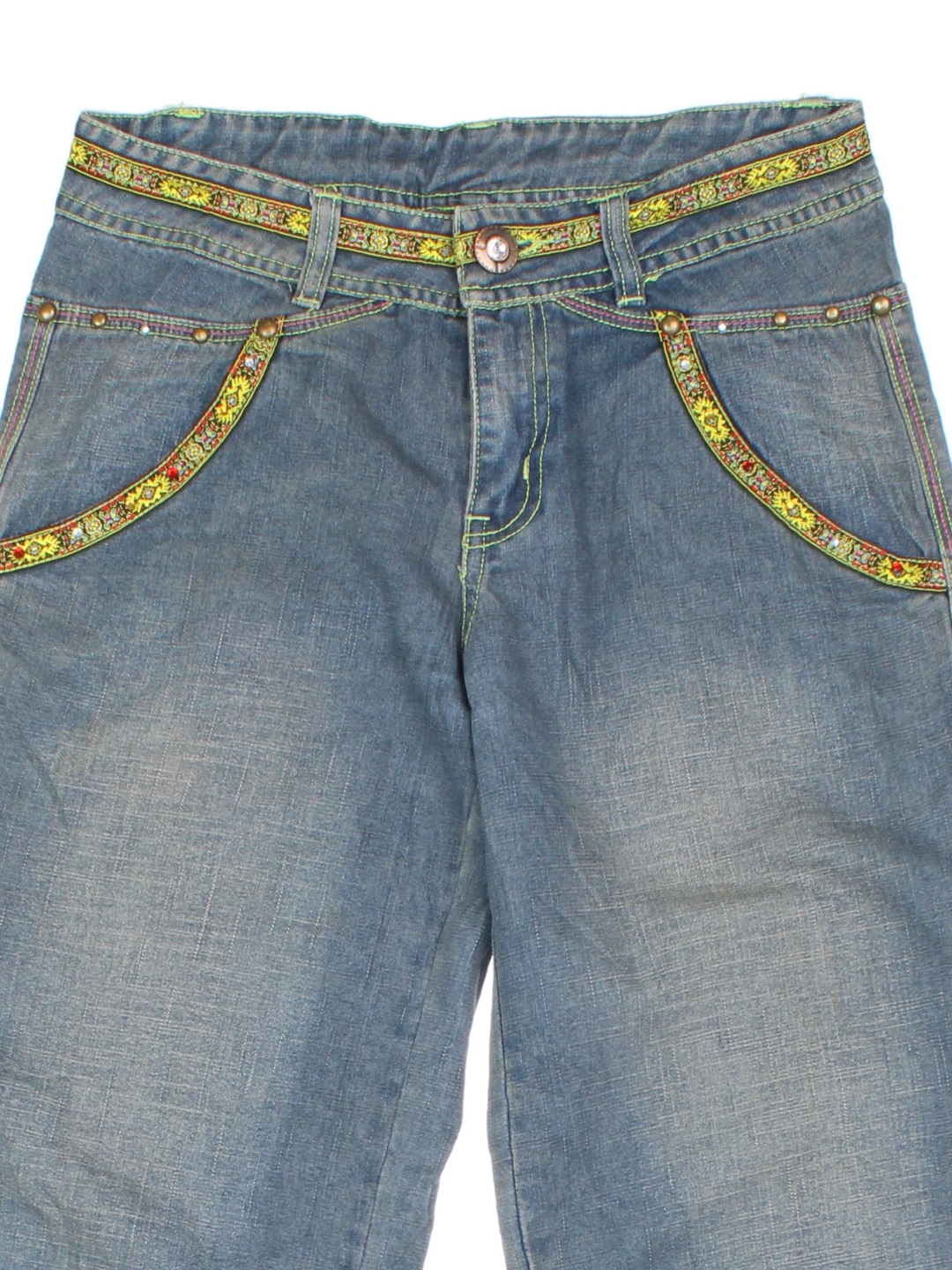 Y2K Embroidered Flared Jeans in blue colourway with multiple pockets and embroidery/rhinestone detailing.