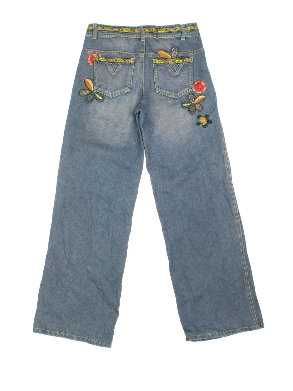 Y2K Embroidered Flared Jeans in blue colourway with multiple pockets and embroidery/rhinestone detailing.