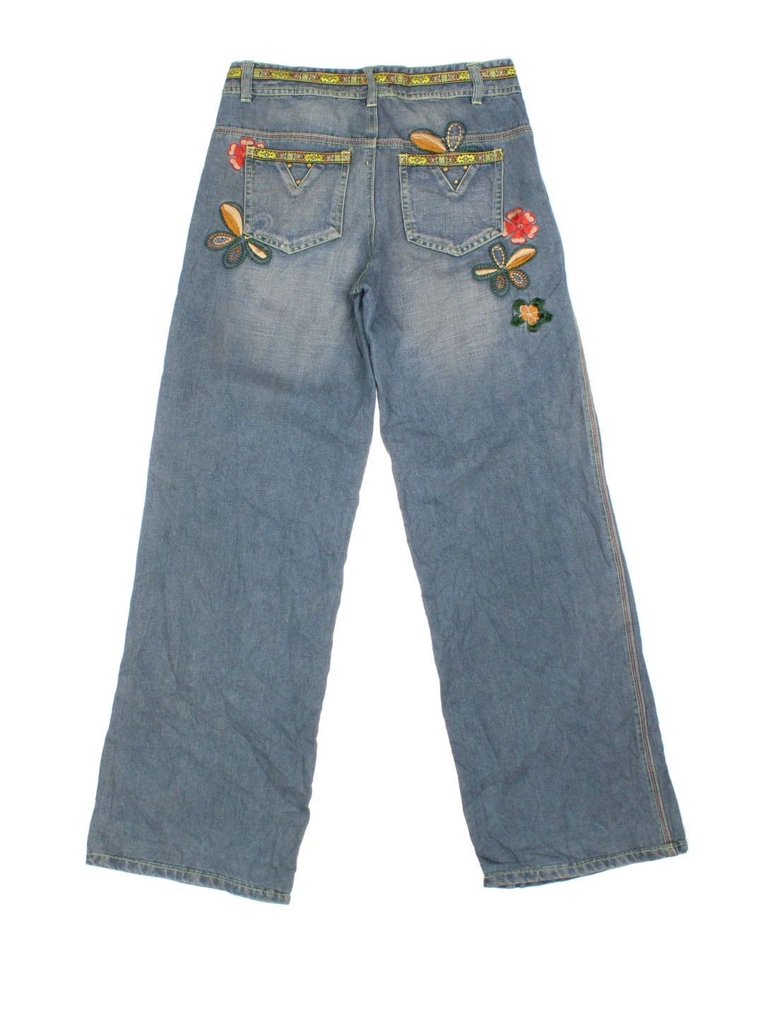 Y2K Embroidered Flared Jeans in blue colourway with multiple pockets and embroidery/rhinestone detailing.
