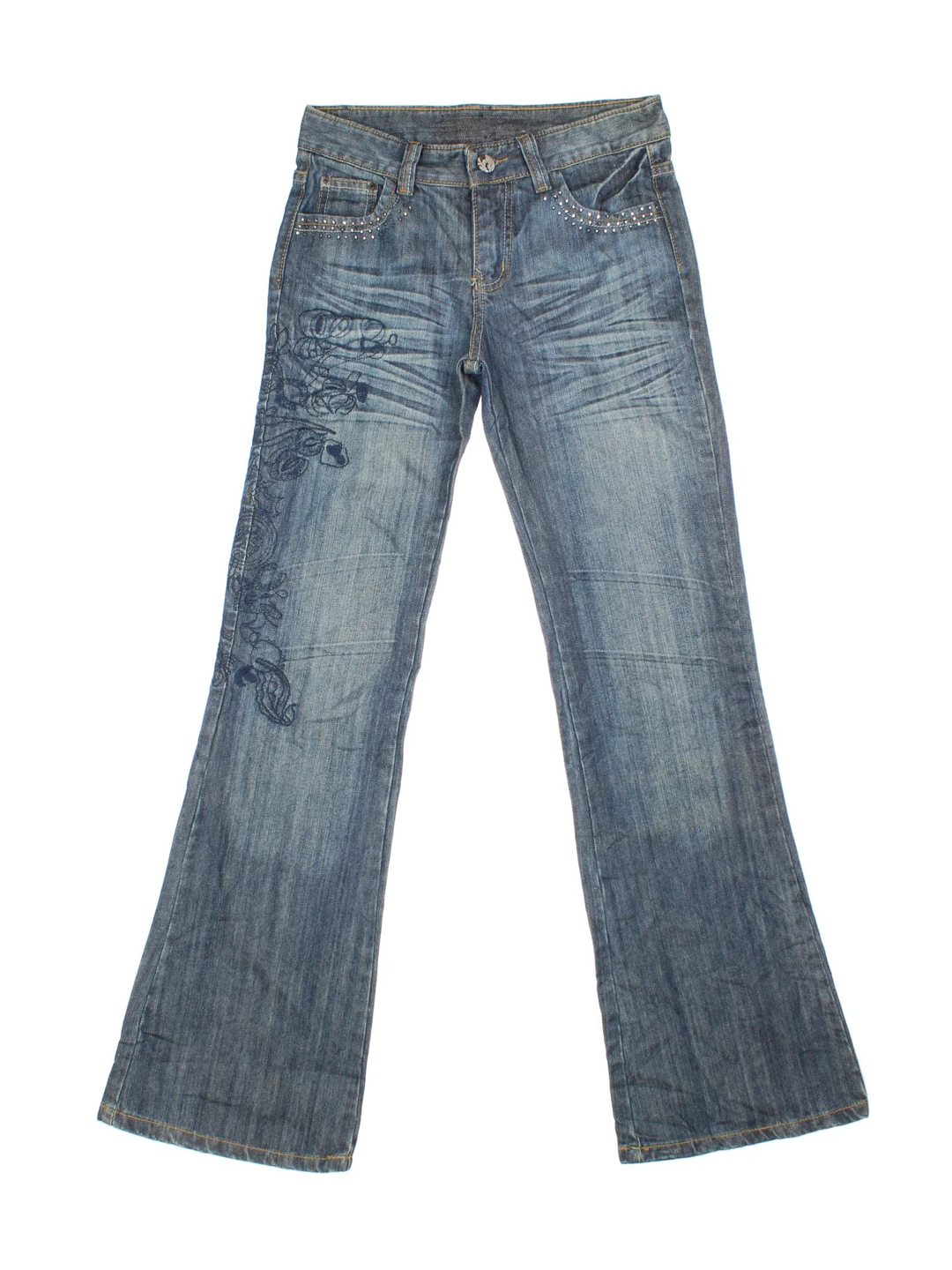 Y2K Flared Jeans in blue colourway. Multiple pockets and embroidery/rhinestone detailing front/back..