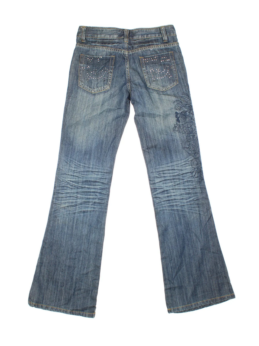 Y2K Flared Jeans in blue colourway. Multiple pockets and embroidery/rhinestone detailing front/back..
