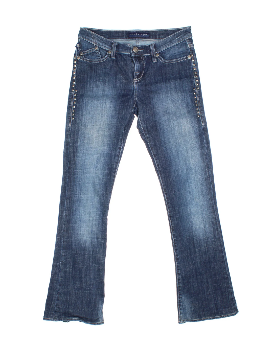 Y2K Rock And Republic Flared Jeans in blue colourway. Multiple pockets, embroidery/studded detailing on front/back and embroidered branding.