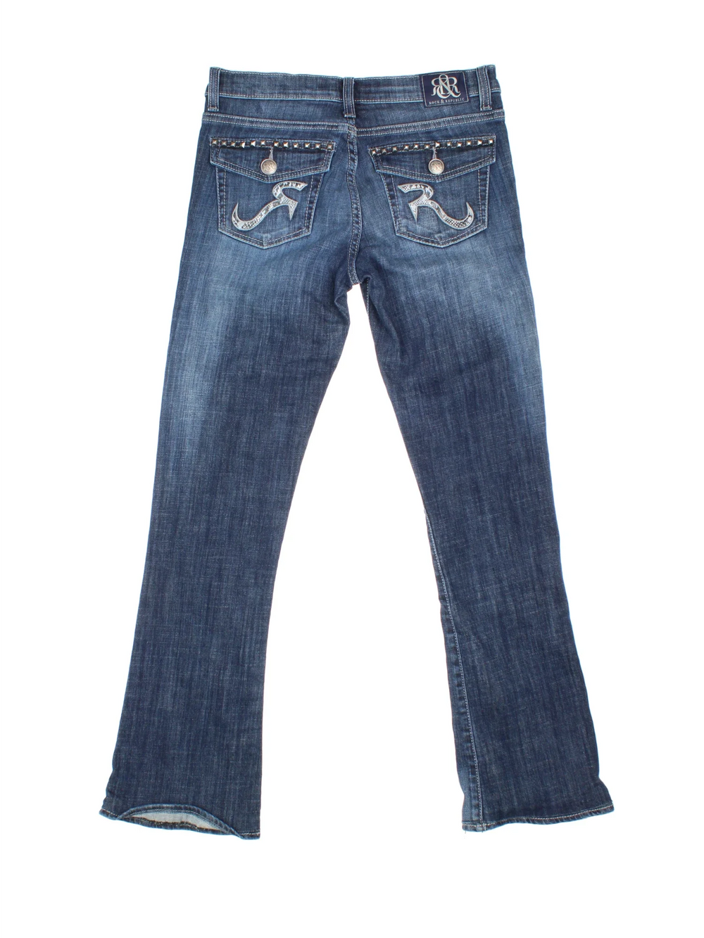 Y2K Rock And Republic Flared Jeans in blue colourway. Multiple pockets, embroidery/studded detailing on front/back and embroidered branding.
