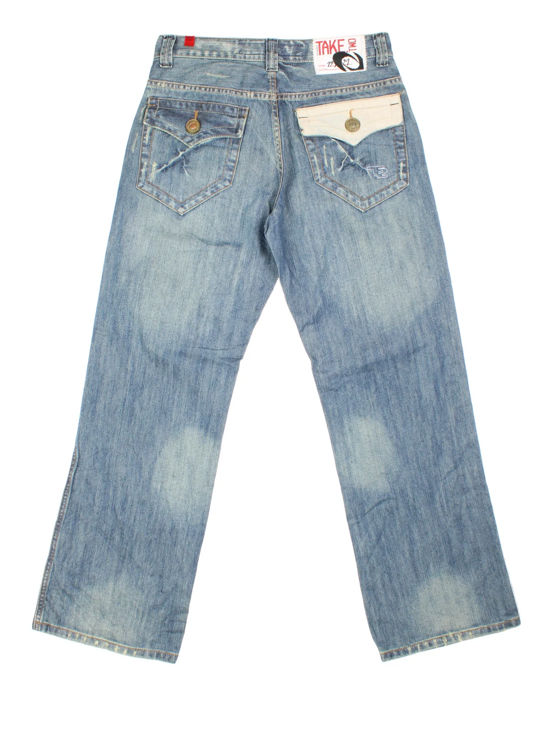 Y2K Take Two Flared Jeans in blue colourway. Multiple pockets, leather detail and embroidered branding on back.