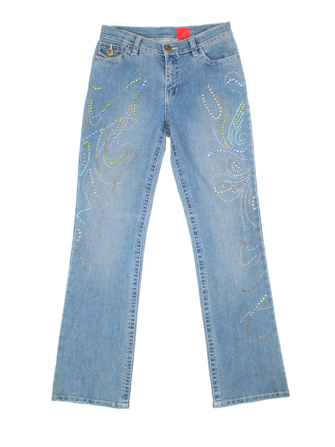 Y2K Rhinestone Flared Jeans in blue colourway. Multiple pockets and all over rhinestone detail.