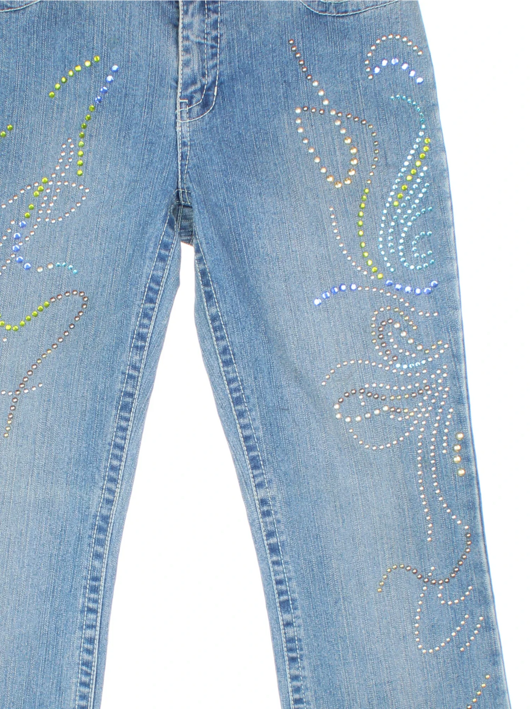 Y2K Rhinestone Flared Jeans in blue colourway. Multiple pockets and all over rhinestone detail.